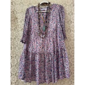 Boho Floral Print Mini Dress‎ Pink Blue Bohemian Women's Size S